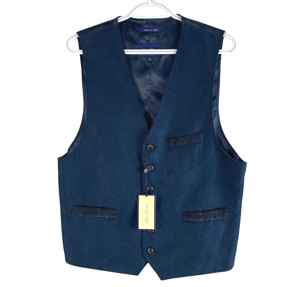 NEW Alan Flusser Mens Button Up Suit Vest Large Navy Blue Polyester Plaid Trim